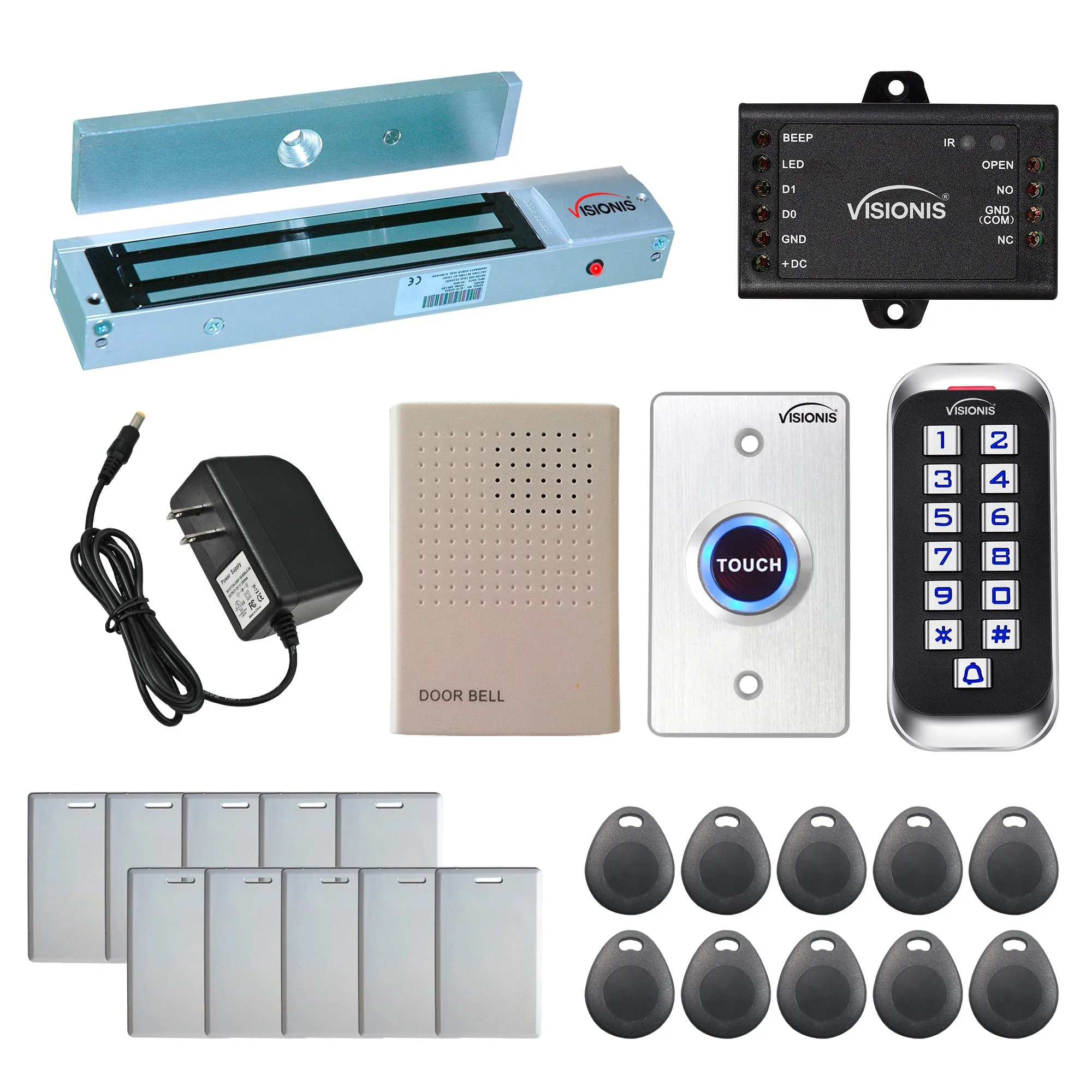 Visionis FPC-5640 One Door Access Control Out Swinging Door 600lbs Maglock   Outdoor Slim Metal Touch Keypad/Reader Standalone With Mini Controller   Wiegand 26, No Software, EM Card, 1000 Users Kit