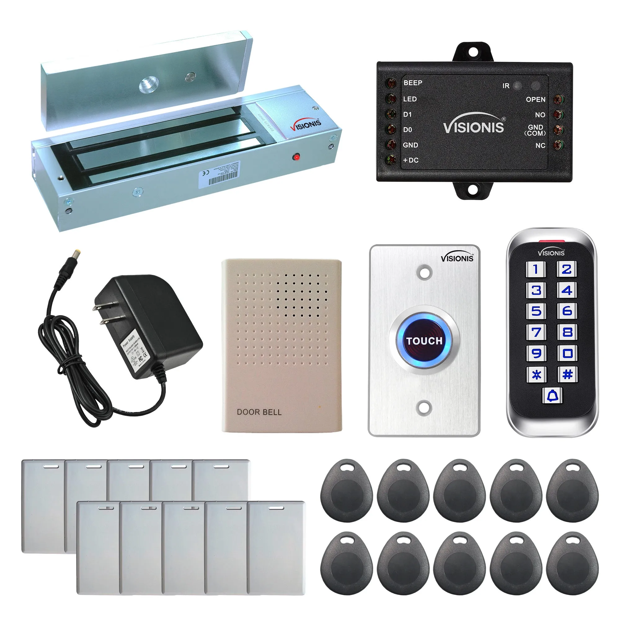 Visionis FPC-5644 One Door Access Control Out Swinging Door 1200lbs Maglock   Outdoor Slim Metal Touch Keypad/Reader Standalone With Mini Controller   Wiegand 26, No Software, EM Card, 1000 Users Kit