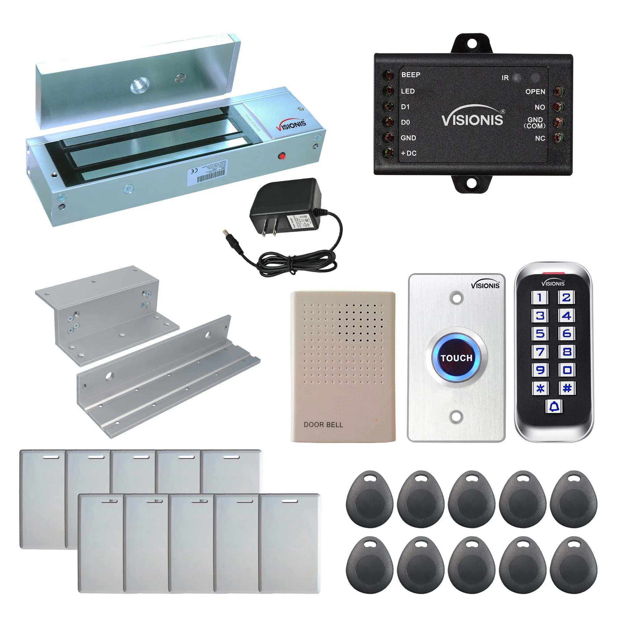 Visionis FPC-5645 One Door Access Control In Swinging Door 1200lbs Maglock   Outdoor Slim Metal Touch Keypad/Reader Standalone With Mini Controller   Wiegand 26, No Software, EM Card, 1000 Users Kit