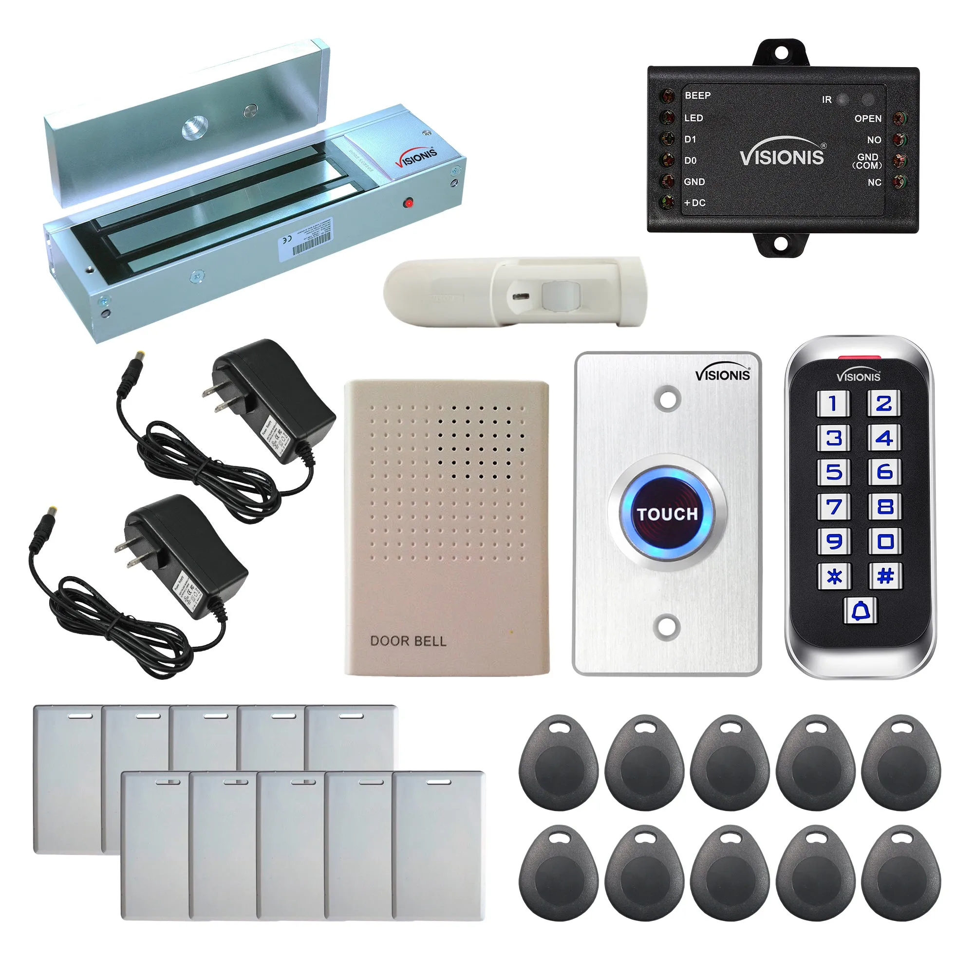Visionis FPC-5646 One Door Access Control Out Swinging Door 1200lbs Maglock   Outdoor Slim Metal Touch Keypad/Reader Standalone   Mini Controller   Wiegand 26, No Software, EM Card, 1000 Users   PIR