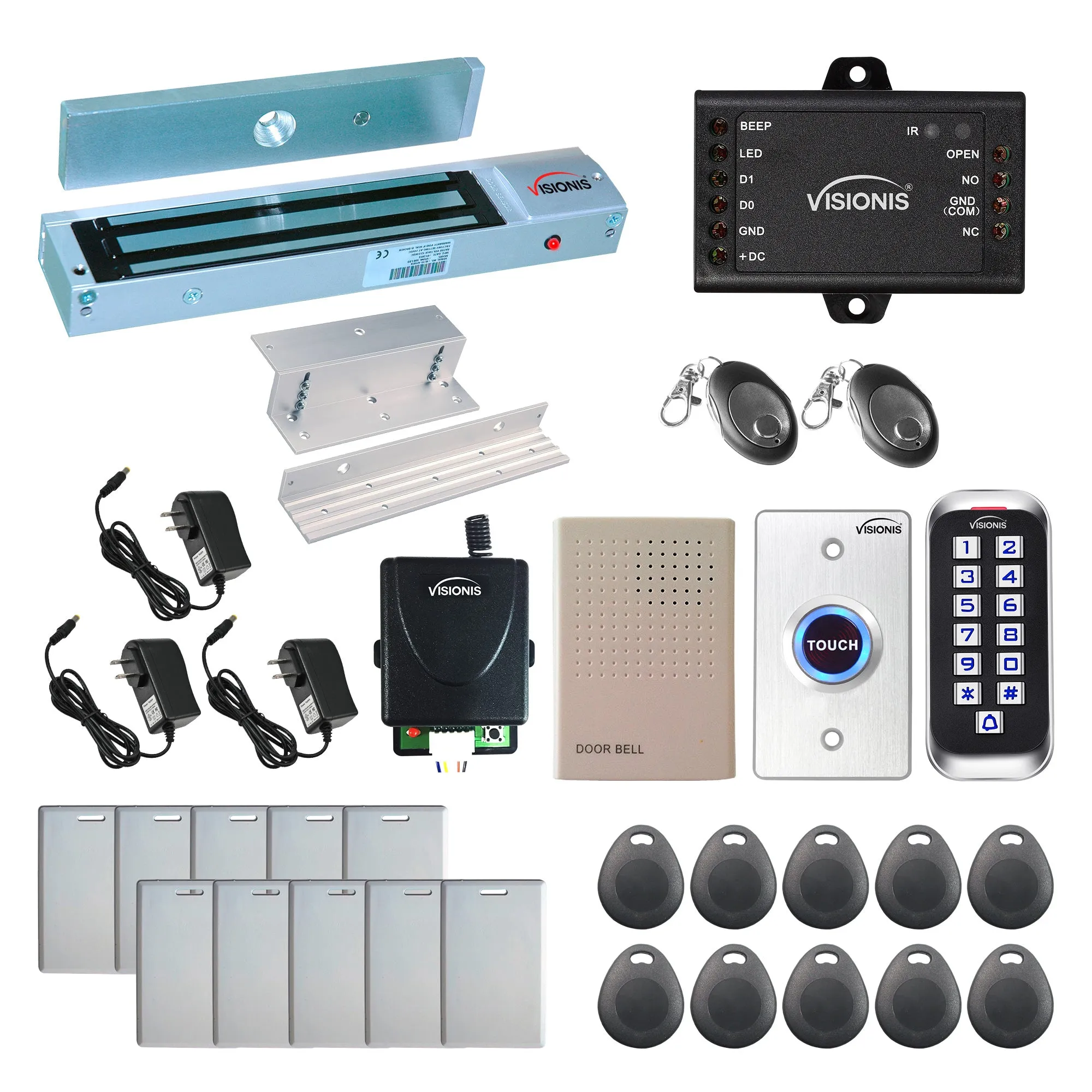 Visionis FPC-5653 One Door Access Control In Swinging Door 600lbs Maglock   Outdoor Slim Metal Touch Keypad/Reader Standalone   Mini Controller   Wiegand 26, No Software, EM Card   Wireless Receiver