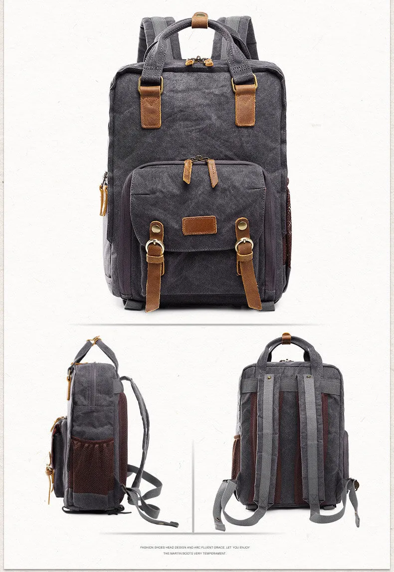 Waxed Canvas Camera Backpack, Photographer SLR Camera Bag, 15'' Laptop Backpack