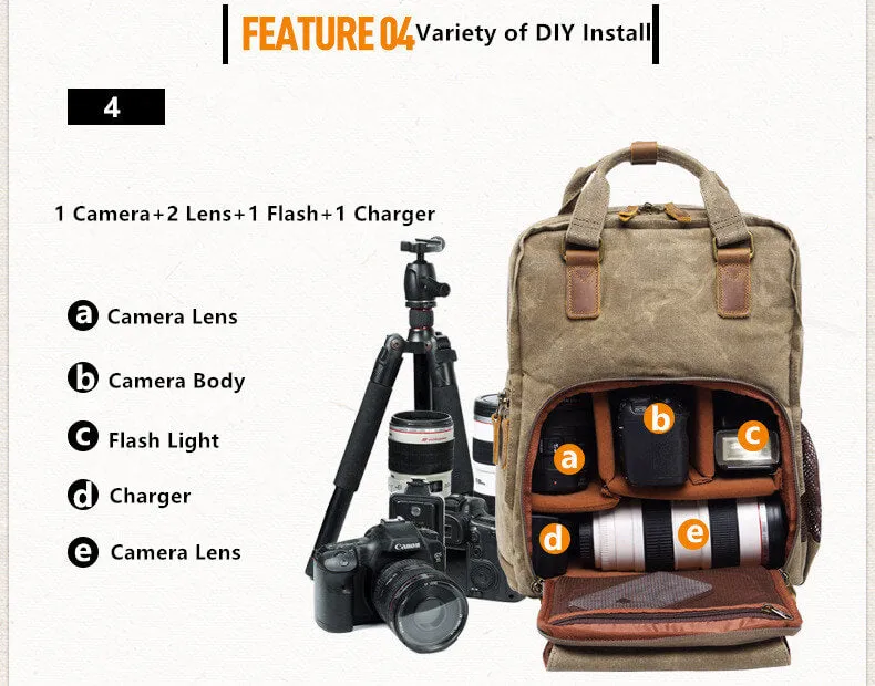 Waxed Canvas Camera Backpack, Photographer SLR Camera Bag, 15'' Laptop Backpack