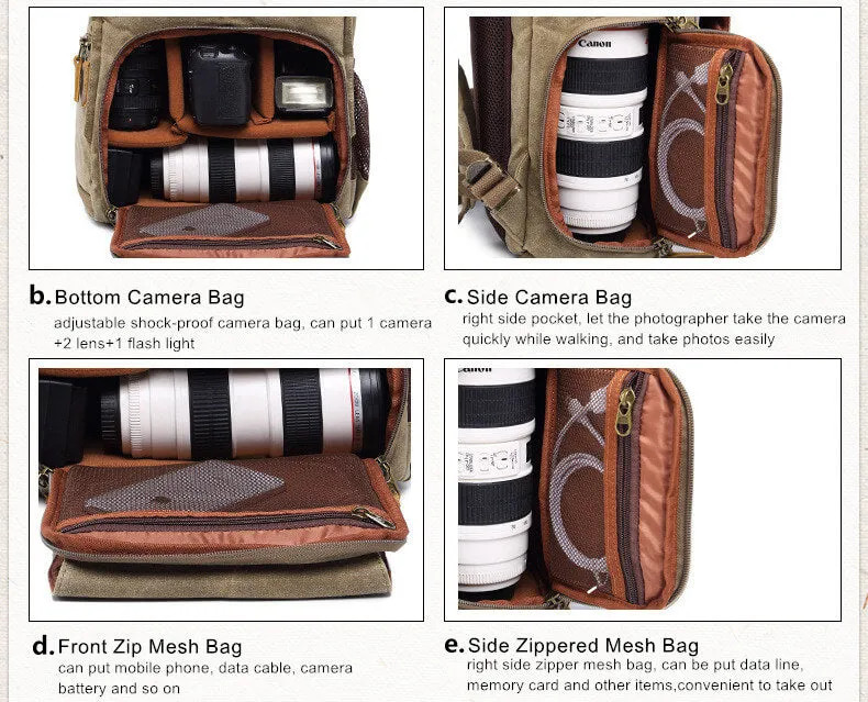 Waxed Canvas Camera Backpack, Photographer SLR Camera Bag, 15'' Laptop Backpack