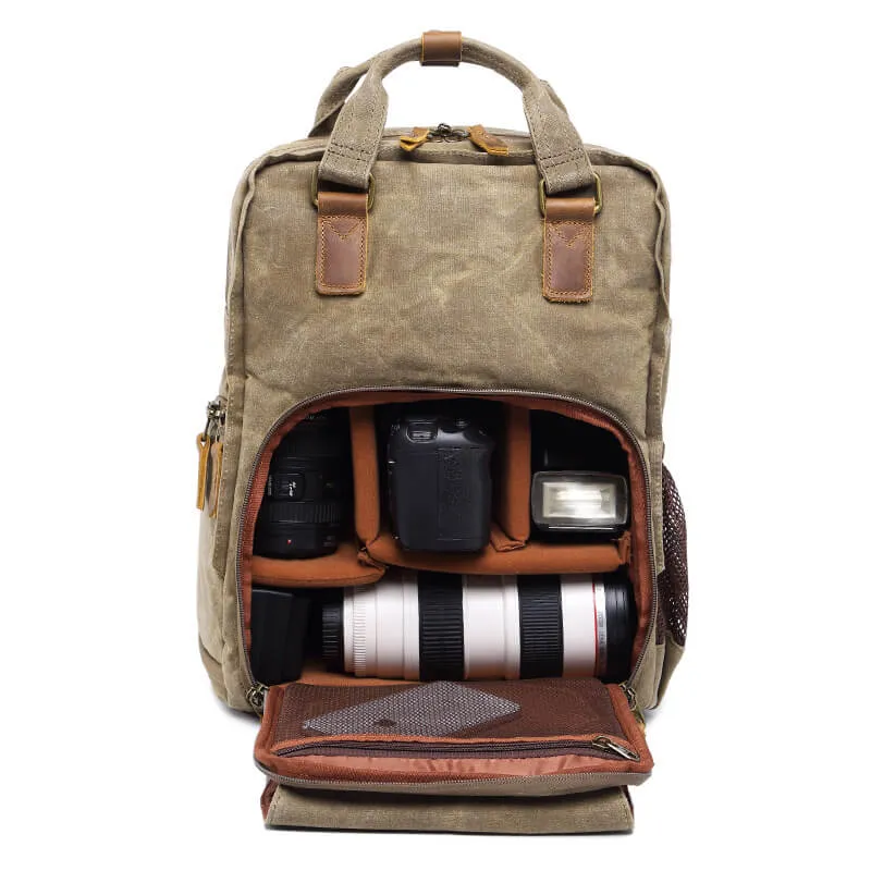 Waxed Canvas Camera Backpack, Photographer SLR Camera Bag, 15'' Laptop Backpack