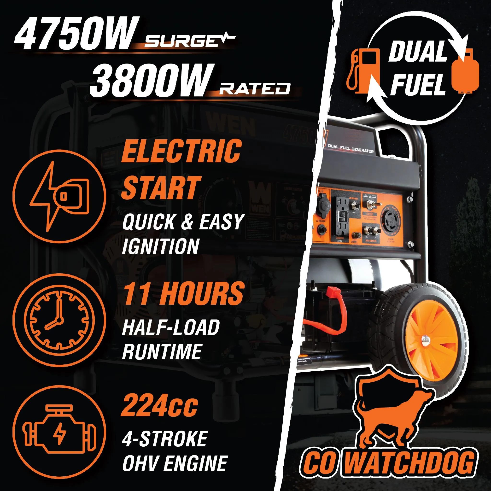 WEN DF475X 4750-Watt 120-Volt/240-Volt Dual Fuel Electric Start Portable Generator with Wheel Kit and CO Shutdown Sensor