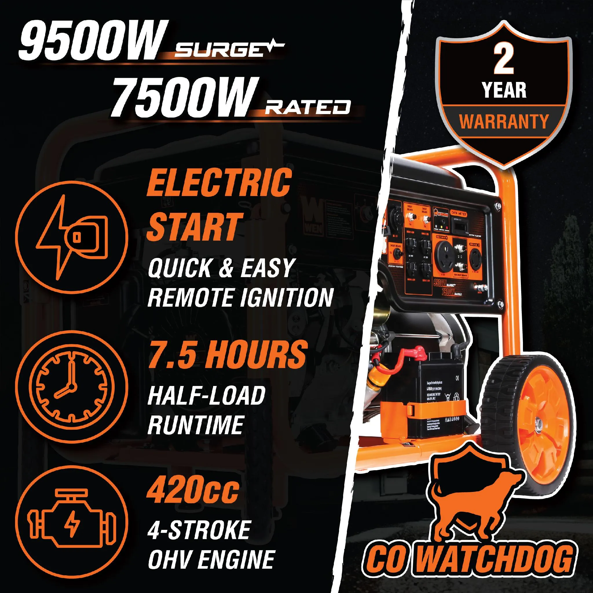WEN GN9500X 9500-Watt 420cc Transfer-Switch and RV-Ready 120V/240V Portable Generator with Remote Electric Start and CO Shutdown Sensor