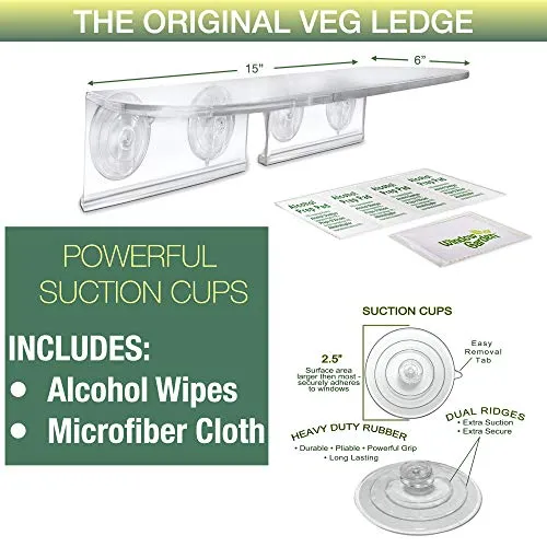 Window Garden Double Veg Ledge– Window Shelf for Plants. Low Profile, Quality Acrylic. Large Strong and Reliable Suction Cups. Window Sill Extender for Microgreens Kit, Seed Starter, Pots, Planters.