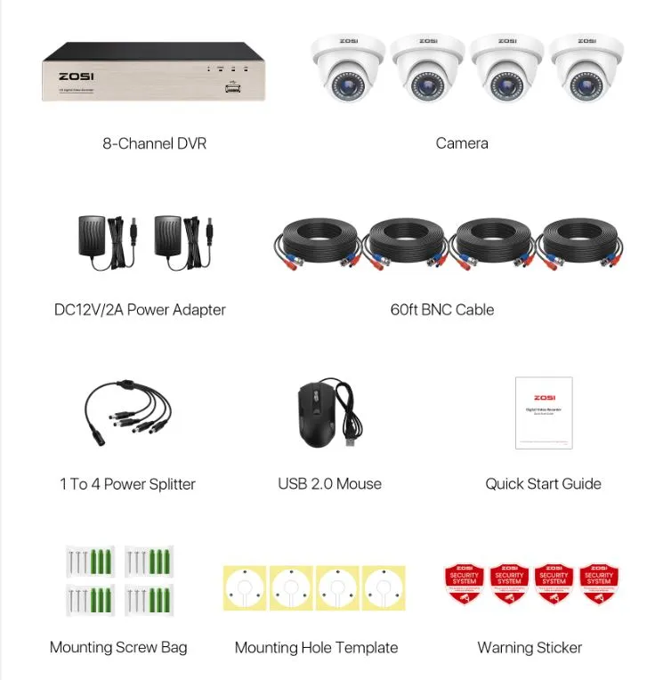 ZOSI 8CH 1080P Camera System HD-TVI DVR   4pcs CCTV Dome Cameras   2TB Hard Drive