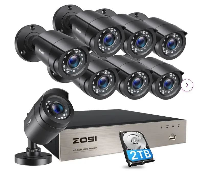 ZOSI 8CH 1080P Camera System HD-TVI DVR   8pcs Black CCTV Dome Cameras   2TB Hard Drive