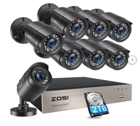 ZOSI 8CH 1080P Camera System HD-TVI DVR   8pcs Black CCTV Dome Cameras   2TB Hard Drive